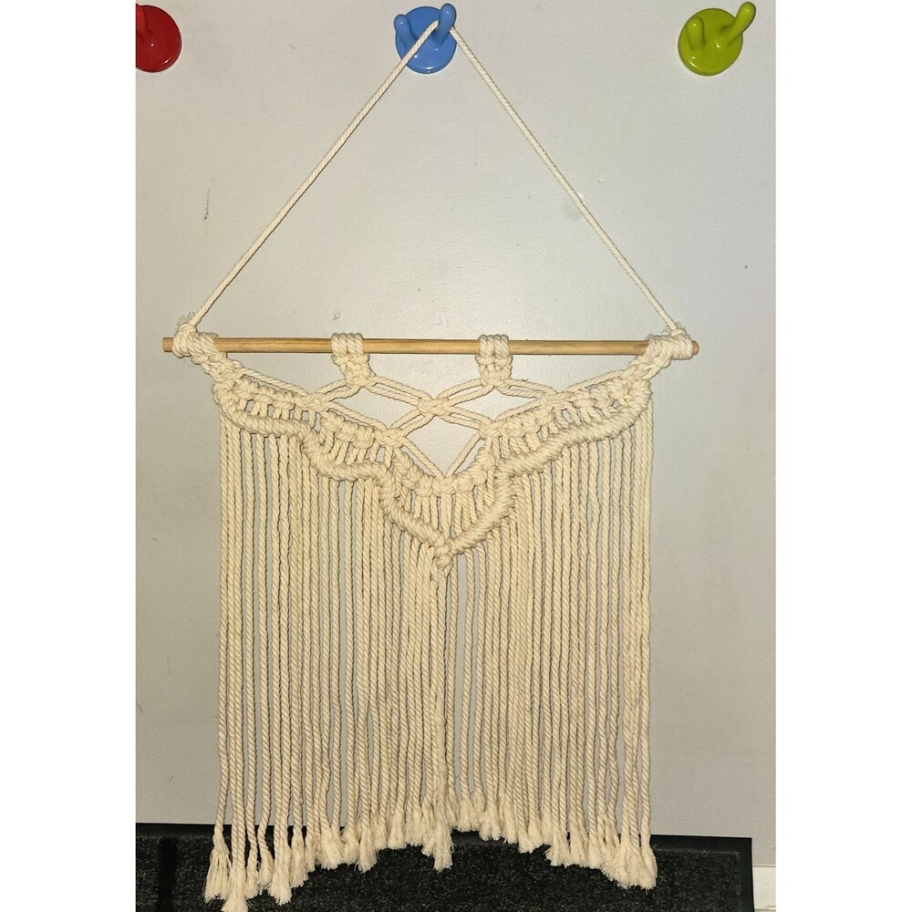 Handmade Macrame Wall Hanging Cream Cotton Rope, Wooden Dowel, Fringe 24 in